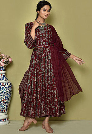 Printed Cotton Muslin Pakistani Suit in Maroon