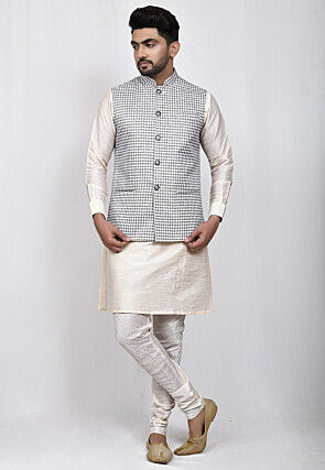 Printed Cotton Nehru Jacket in White and Black