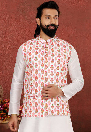 Printed Cotton Nehru Jacket in White and Red