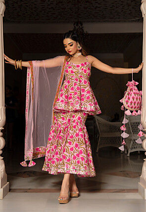 Printed Cotton Pakistani Suit in Baby Pink