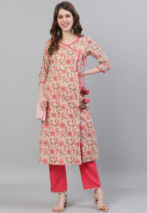 Printed Cotton Pakistani Suit in Beige and Coral Pink