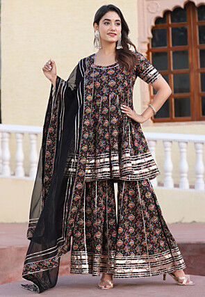 Printed Cotton Pakistani Suit in Black