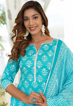 Printed Cotton Pakistani Suit in Blue