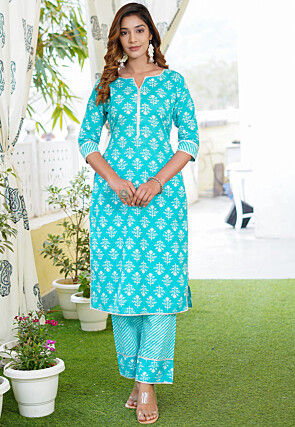 Printed Cotton Pakistani Suit in Blue
