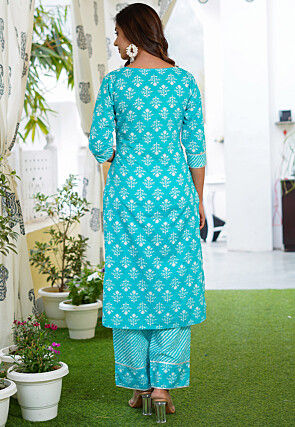 Printed Cotton Pakistani Suit in Blue