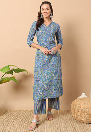 Printed Cotton Pakistani Suit in Blue