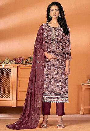 Printed Cotton Pakistani Suit in Brown