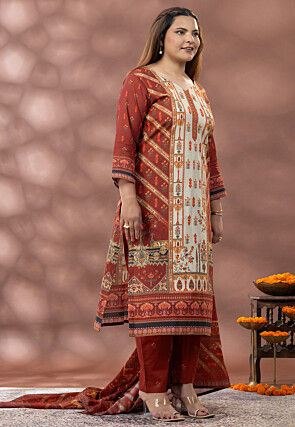 Printed Cotton Pakistani Suit in Cream and Rust