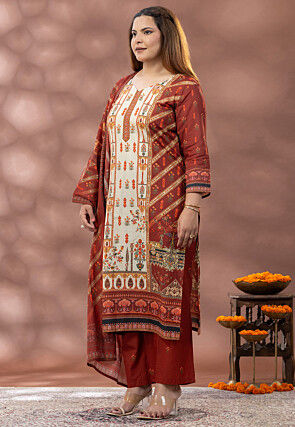 Printed Cotton Pakistani Suit in Cream and Rust