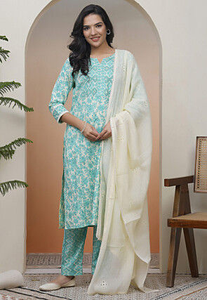 Printed Cotton Pakistani Suit in Cream