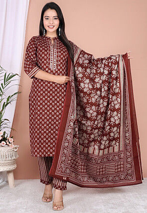 Printed Cotton Pakistani Suit in Dark Brown