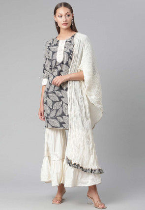 Printed Cotton Pakistani Suit in Dark Grey and Off White
