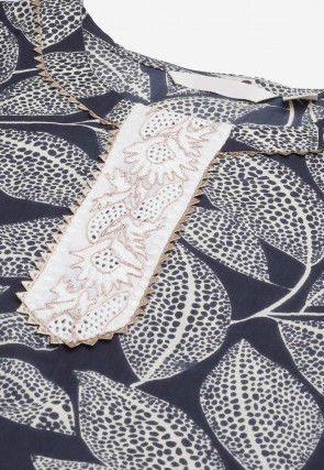 Printed Cotton Pakistani Suit in Dark Grey and Off White