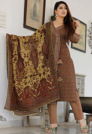 Printed Cotton Pakistani Suit in Dark Olive Green and Maroon