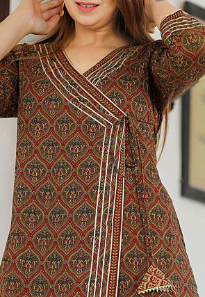 Printed Cotton Pakistani Suit in Dark Olive Green and Maroon
