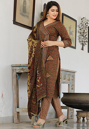 Printed Cotton Pakistani Suit in Dark Olive Green and Maroon