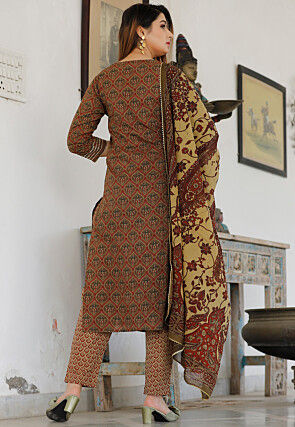 Printed Cotton Pakistani Suit in Dark Olive Green and Maroon