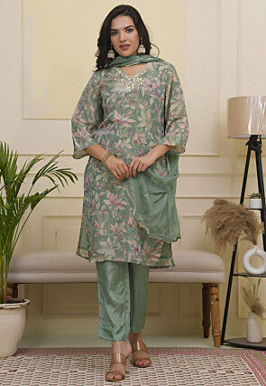 Printed Cotton Pakistani Suit in Dusty Green