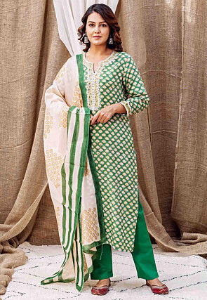 Printed Cotton Pakistani Suit in Green