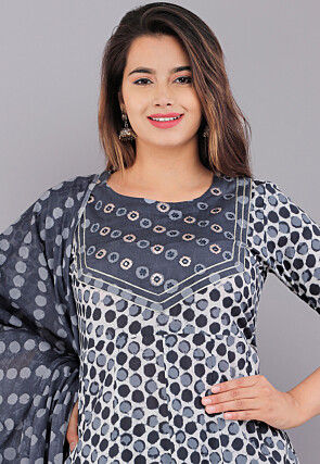 Printed Cotton Pakistani Suit in Grey and Off White