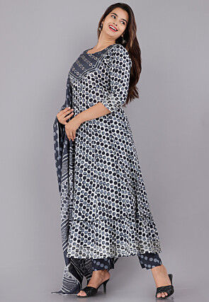 Printed Cotton Pakistani Suit in Grey and Off White