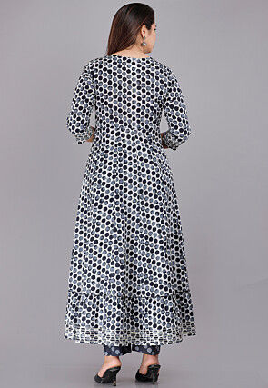 Printed Cotton Pakistani Suit in Grey and Off White