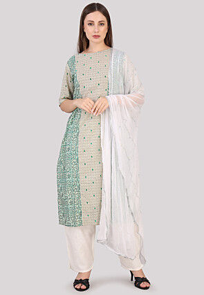 Printed Cotton Pakistani Suit in Light Beige and Green