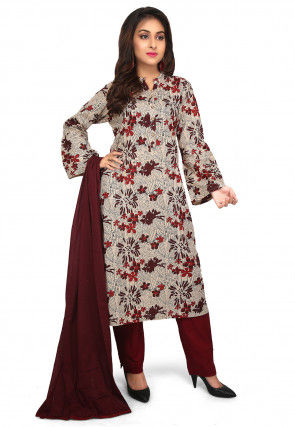 Printed Cotton Pakistani Suit in Light Beige and Multicolor