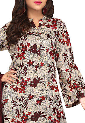 Printed Cotton Pakistani Suit in Light Beige and Multicolor