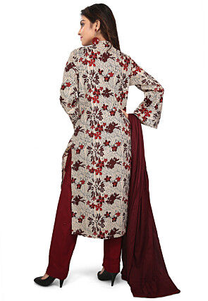 Printed Cotton Pakistani Suit in Light Beige and Multicolor