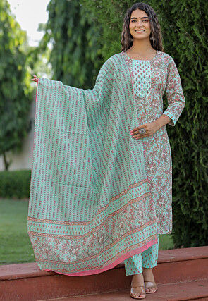 Printed Cotton Pakistani Suit in Light Blue