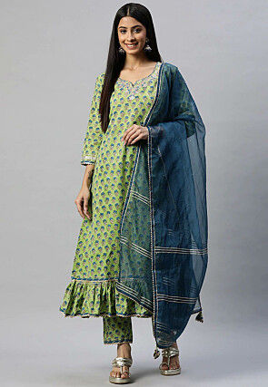 Printed Cotton Pakistani Suit in Light Green
