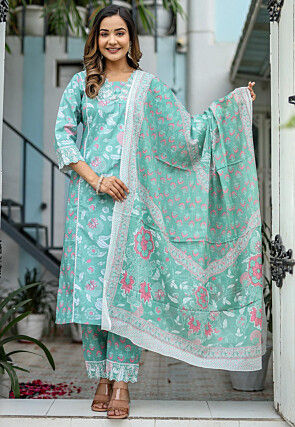 Printed Cotton Pakistani Suit in Light Green