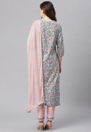 Printed Cotton Pakistani Suit in Light Grey