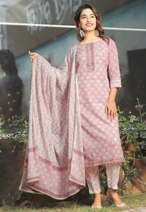 Printed Cotton Pakistani Suit in Light Pink