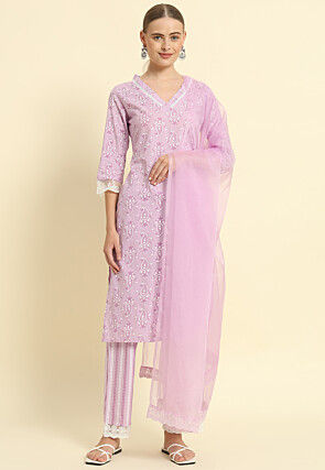 Printed Cotton Pakistani Suit in Light Purple