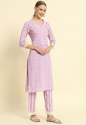 Printed Cotton Pakistani Suit in Light Purple