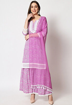 Printed Cotton Pakistani Suit in Light Purple