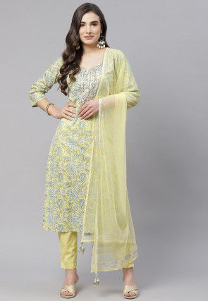 Printed Cotton Pakistani Suit in Light Yellow