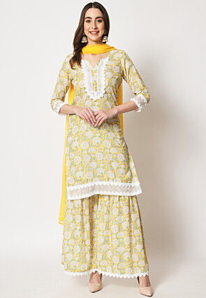 Printed Cotton Pakistani Suit in Light Yellow