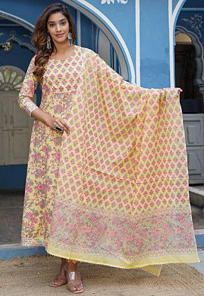 Printed Cotton Pakistani Suit in Light Yellow