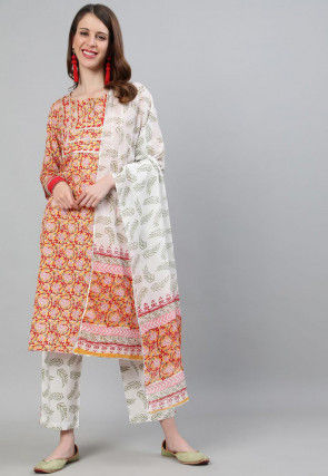 Printed Cotton Pakistani Suit in Mustard and Red
