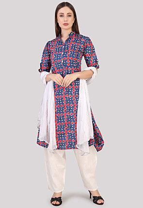 Printed Cotton Pakistani Suit in Navy Blue and Red