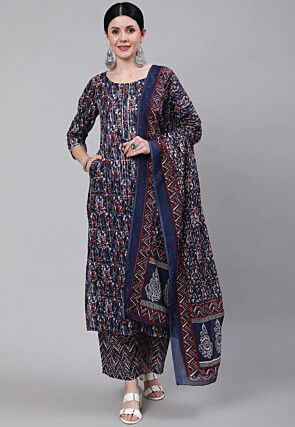Printed Cotton Pakistani Suit in Navy Blue