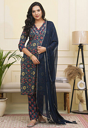Printed Cotton Pakistani Suit in Navy Blue
