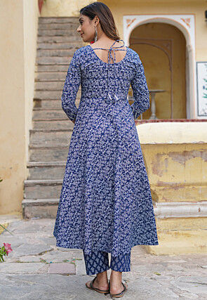 Printed Cotton Pakistani Suit in Navy Blue
