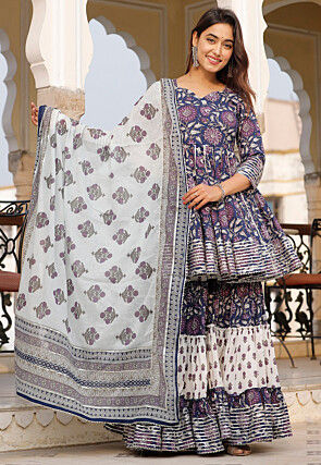 Printed Cotton Pakistani Suit in Navy Blue