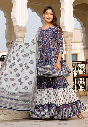 Printed Cotton Pakistani Suit in Navy Blue