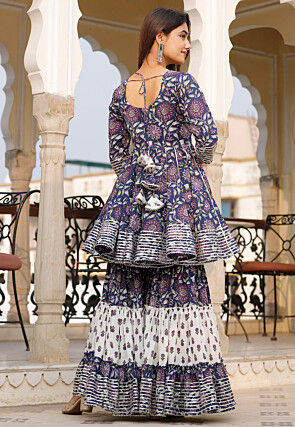 Printed Cotton Pakistani Suit in Navy Blue