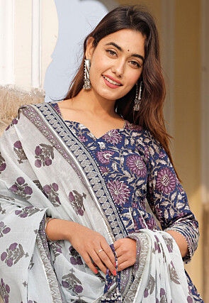 Printed Cotton Pakistani Suit in Navy Blue